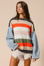 Load image into Gallery viewer, BiBi Cable Knit Multicolored Striped Sweater with Denim Sleeves in Pumpkin Combo
