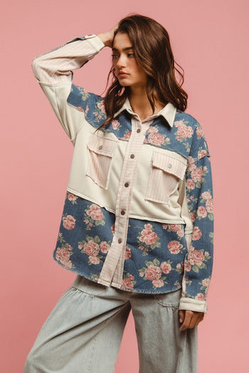 BiBi Printed Denim and Mix n Match Fabric Top in Denim Mix