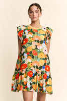 Davi & Dani Ruffle Sleeve Floral Dress in Orange