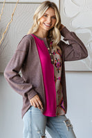 7th Ray Color Block Mixed Fabric and Print Top in Brown