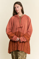 J.nna Mixed Fabric Lace Trim Hooded Jacket in Rust