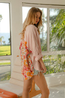 BiBi OVERSIZED Knit and Floral Print Button Down Top in Blush/Rose