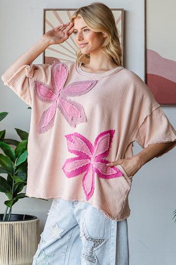 Oli & Hali OVERSIZED Contrasting Flower Patch Top in Blush