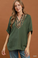 Umgee Leopard Trim Dolman Sleeve Blouse in Olive