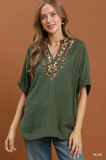 Umgee Leopard Trim Dolman Sleeve Blouse in Olive