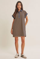 In February Yacht Club Relaxed Fit Casual Stripe Polo Mini Dress in Navy/Latte