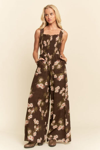 Davi & Dani Floral Ruffle Square Neck Smocking Bodice Jumpsuit in Mocha Brown