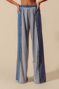 So Me Denim and French Terry Distressed Wide Leg Pants in Denim/Light Grey