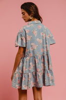 BiBi Washed Denim Floral Print Dress in Light Denim