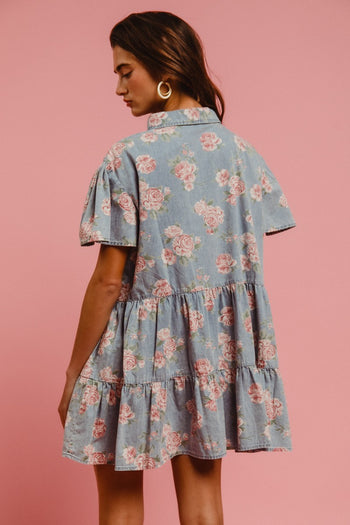 BiBi Washed Denim Floral Print Dress in Light Denim