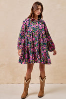 BiBi Floral Print Half Button Front Mini Dress in Navy/Fuchsia