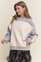 J.nna Terry Knit and Mixed Floral Color Block Hooded Sweatshirt in Floral Soft Grey