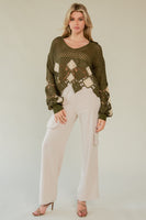 Davi & Dani Open Knit Crochet CROPPED Sweater in Olive