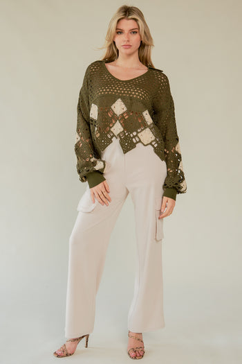Davi & Dani Open Knit Crochet CROPPED Sweater in Olive