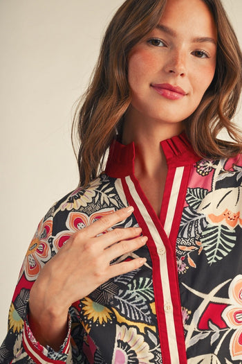 Jodifl Ruffled Neckline Button Down Boho Floral Top in Red Mix