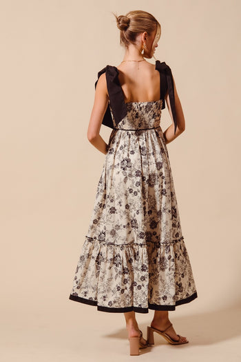 So Me Floral Print Maxi Dress with Contrasting Ribbon Shoulder Ties in Vintage Black L So Me Floral Print Maxi Dress with Contrasting Ribbon Shoulder Ties in Vintage Black L