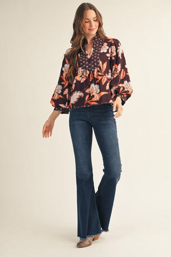 Jodifl Floral Fabric Mix Top in Brown
