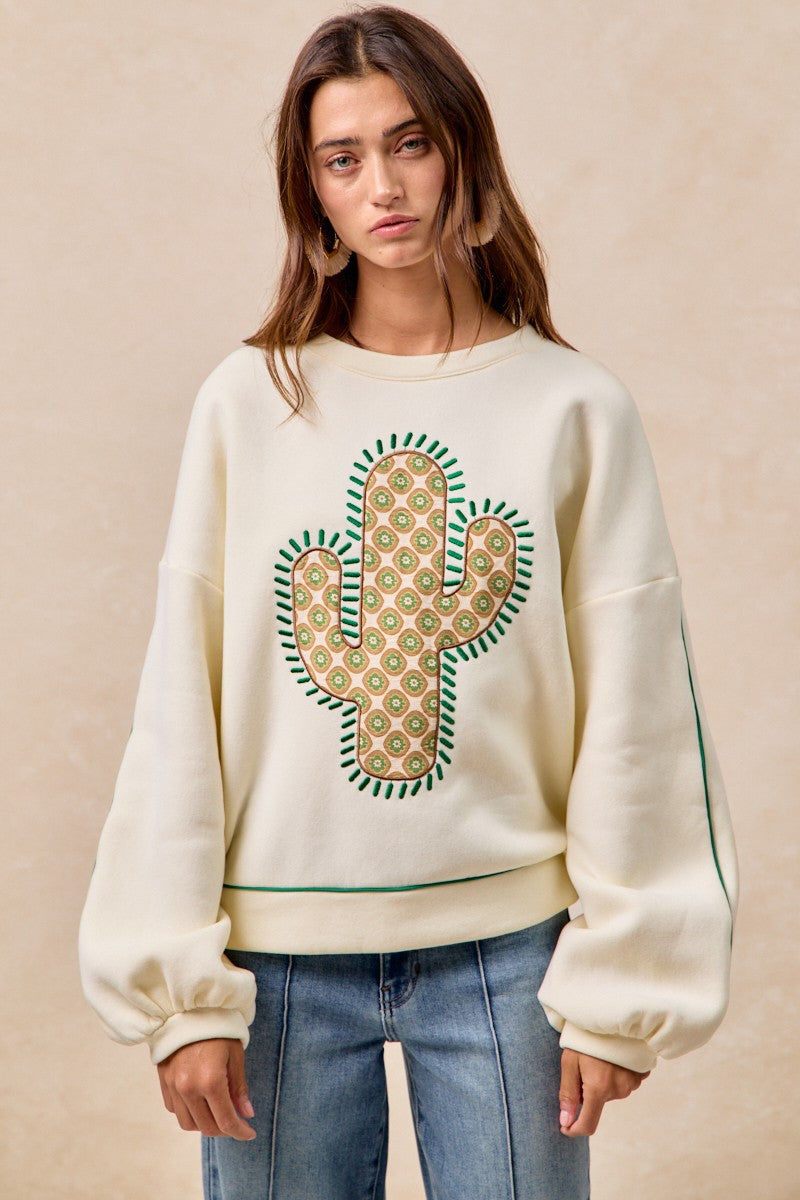 BiBi Fleece Sweatshirt with Embroidered Cactus Patch on Front in Cream