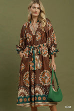 Load image into Gallery viewer, Umgee Abstract Print Belted Midi Dress in Rust
