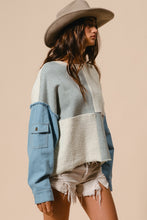 Load image into Gallery viewer, BiBi OVERSIZED Multi Colored Patched Terry Knit Top with Denim Sleeves in Denim/Ivory/Grey
