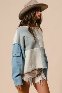 BiBi OVERSIZED Multi Colored Patched Terry Knit Top with Denim Sleeves in Denim/Ivory/Grey