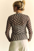 Davi & Dani Checkered Board Print Mesh Layering Top in Black