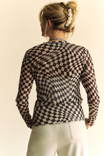 Davi & Dani Checkered Board Print Mesh Layering Top in Black