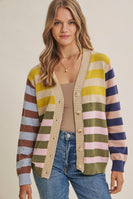 In February Playful Color Story Multi Color Stripe Button-down Cardigan in Natural/Olive Mix