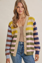 Load image into Gallery viewer, In February Playful Color Story Multi Color Stripe Button-down Cardigan in Natural/Olive Mix
