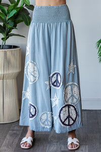 Oli & Hali Smocked Waistband Pants with Peace Sign and Star Patches in Blue