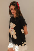 BiBi Teddy Bear Knit Sweater Top with Side Ties in Black