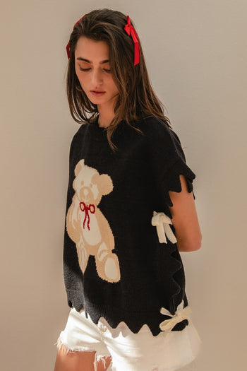 BiBi Teddy Bear Knit Sweater Top with Side Ties in Black