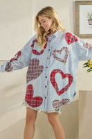 Oli & Hali Mineral Washed OVESIZED Top with Mixed Plaid Heart Patches in Blue