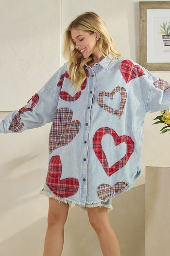 Oli & Hali Mineral Washed OVESIZED Top with Mixed Plaid Heart Patches in Blue