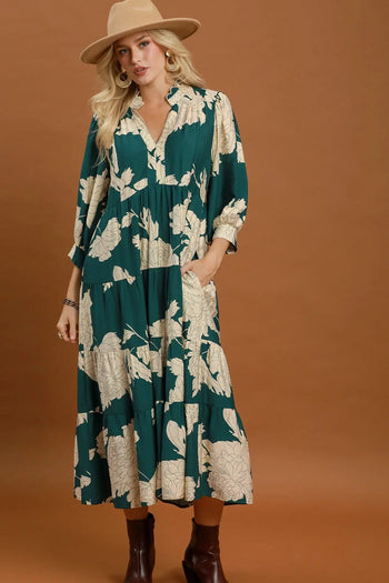 Umgee Floral Tiered Maxi Dress in Teal