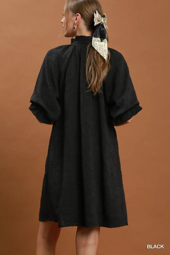 Umgee Floral Textured Jacqaurd V-Neck Dress in Black