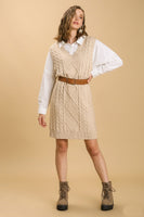 Umgee Maeve Cable V-Neck Sweater Dress in Latte