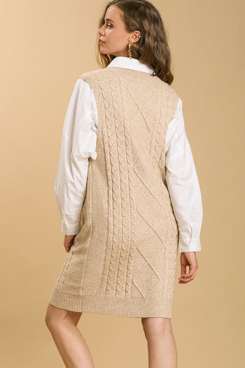 Umgee Maeve Cable V-Neck Sweater Dress in Latte