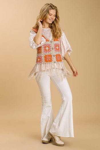 Umgee V-Neck Color Block Button Detail Crochet Vest in Oatmeal