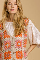 Umgee V-Neck Color Block Button Detail Crochet Vest in Oatmeal