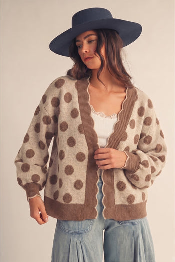 LovLov Vintage Polka Dot Scalloped Trim Cardigan in Mocha/Latte