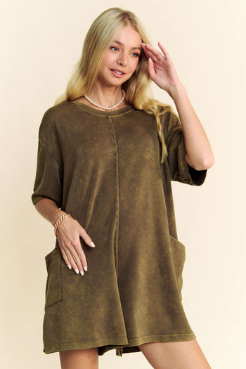 Davi & Dani Soft Knit Mineral Washed V Back Romper in Olive