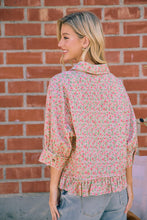 Load image into Gallery viewer, BiBi Pink Floral Ruffle Hem Button Down Blouse in Dusty Rose
