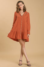 Load image into Gallery viewer, Umgee Animal Print Details Long Sleeve Collared Tiered Dress in Sunset
