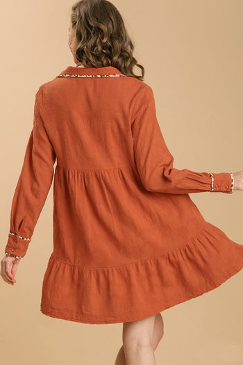Umgee Animal Print Details Long Sleeve Collared Tiered Dress in Sunset