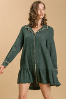 Umgee Animal Print Details Long Sleeve Collared Tiered Dress in Forest