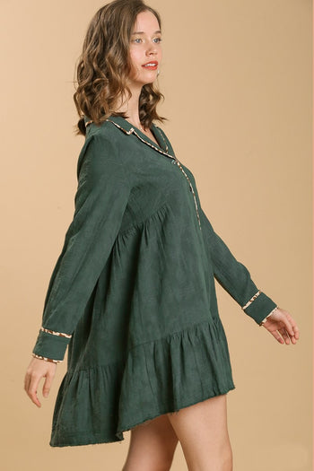 Umgee Animal Print Details Long Sleeve Collared Tiered Dress in Forest
