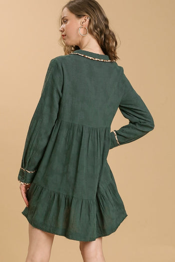 Umgee Animal Print Details Long Sleeve Collared Tiered Dress in Forest
