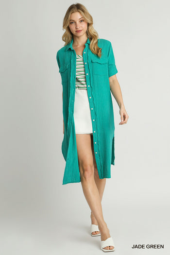Umgee Gauze Midi Dress with Pocket Details and Frayed Trim in Jade Green