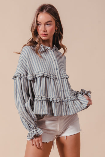 So Me Variegated Stripe Reversible Flowy Boho Top in Denim